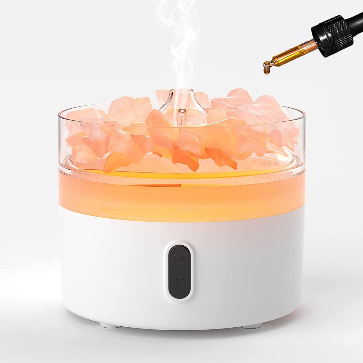 Himalayan salt flame diffuser glowing with realistic fire effect, pink salt crystals illuminated, soft mist rising, USB-C cable