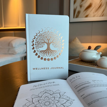 Elegant white wellness journal with rose gold foil Tree of Life, open to mood tracker and affirmation pages, styled with crystals, rose quartz and candle
