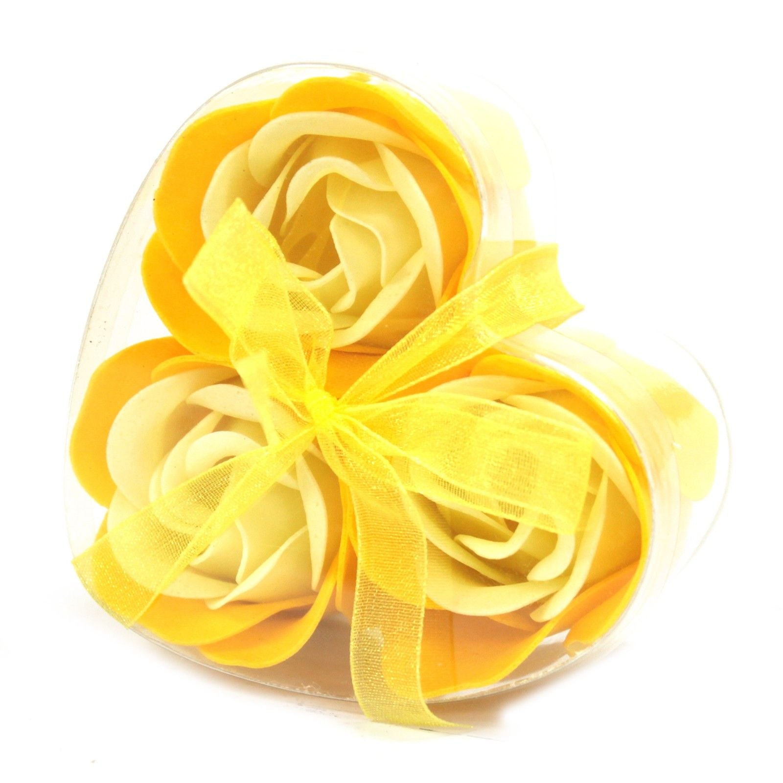 Set of 3 luxury yellow soap flowers, featuring realistic rose petals in soft pastel tones, beautifully arranged and ready for gifting or bath use
