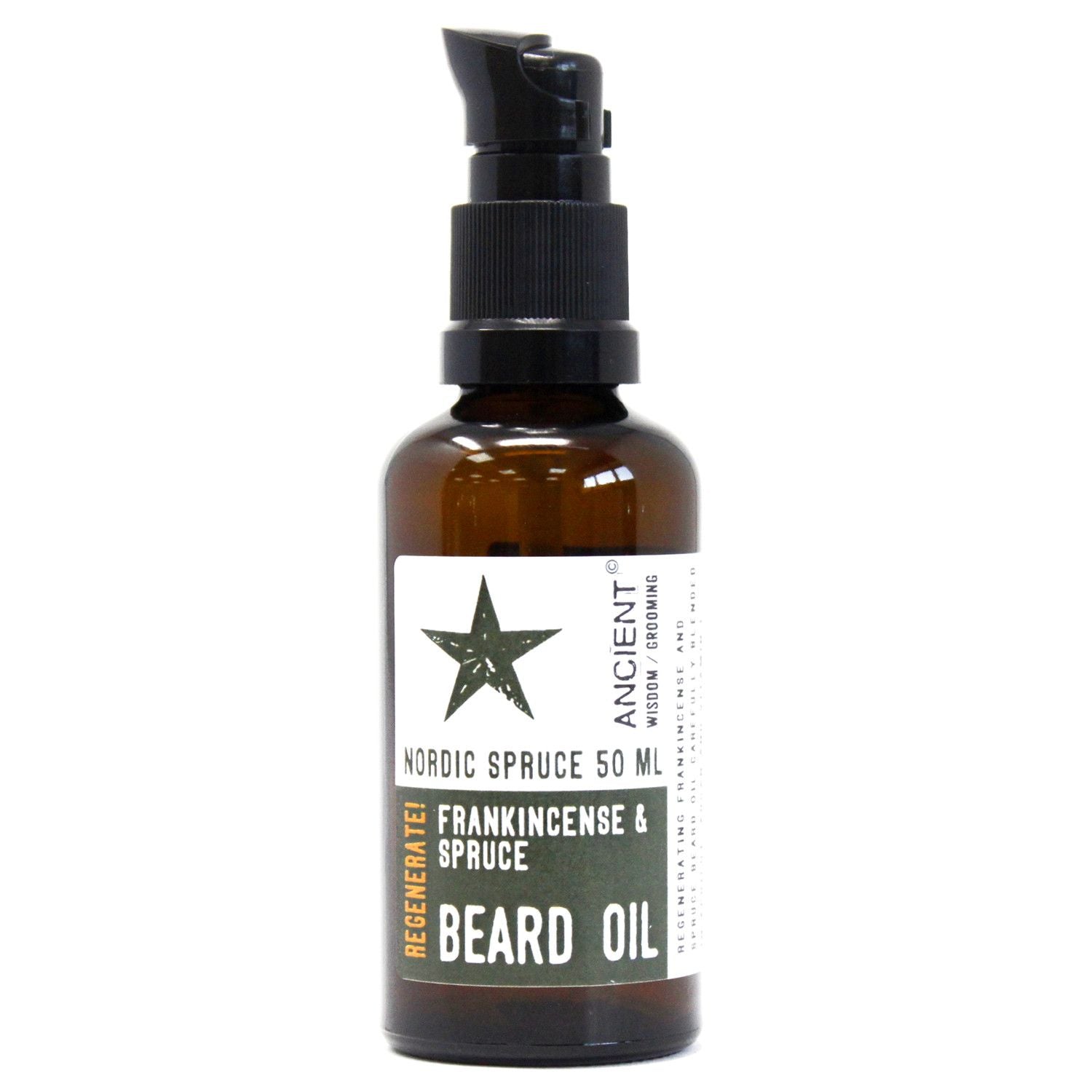 50ml amber glass bottle of Nordic Spruce Beard Oil with elegant dropper, surrounded by fresh spruce needles, frankincense resin and apricot kernels