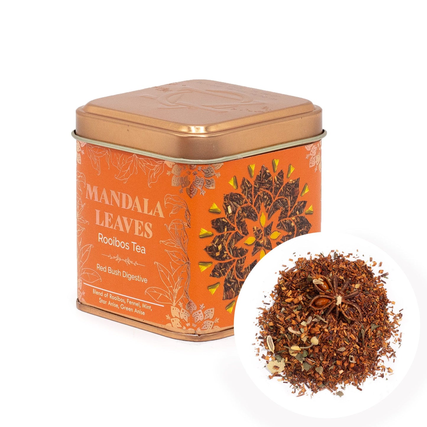 Orange tea tin labeled 'Mandala Leaves Rooibos Tea' with a small inset showing tea leaves.
