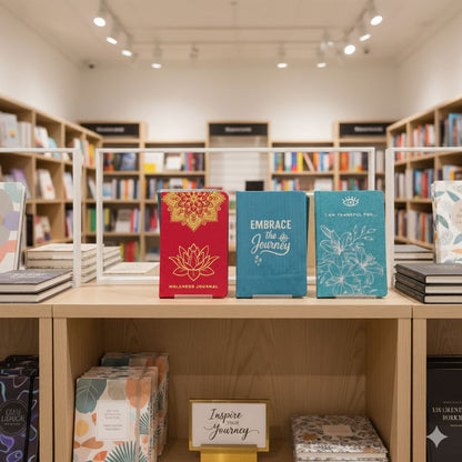 Three books on a shelf in a bookstore with other books and decor in the background.