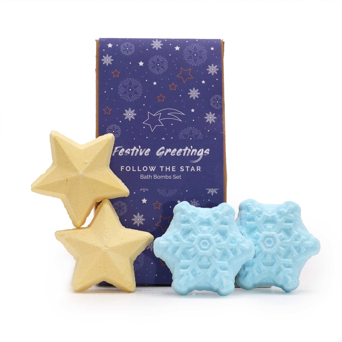 Follow the Star Christmas bath bomb gift pack with white snowflake and gold star bath bombs in kraft box with gold ribbon and starry background
