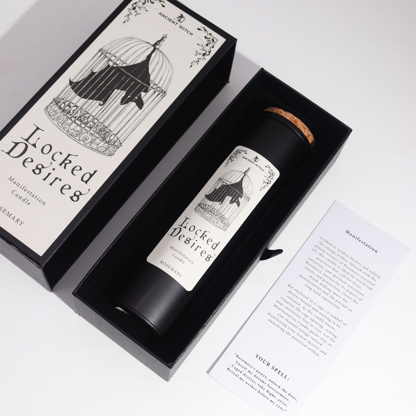 Black candle in a decorative box with 'Locked Desires' branding on a white background