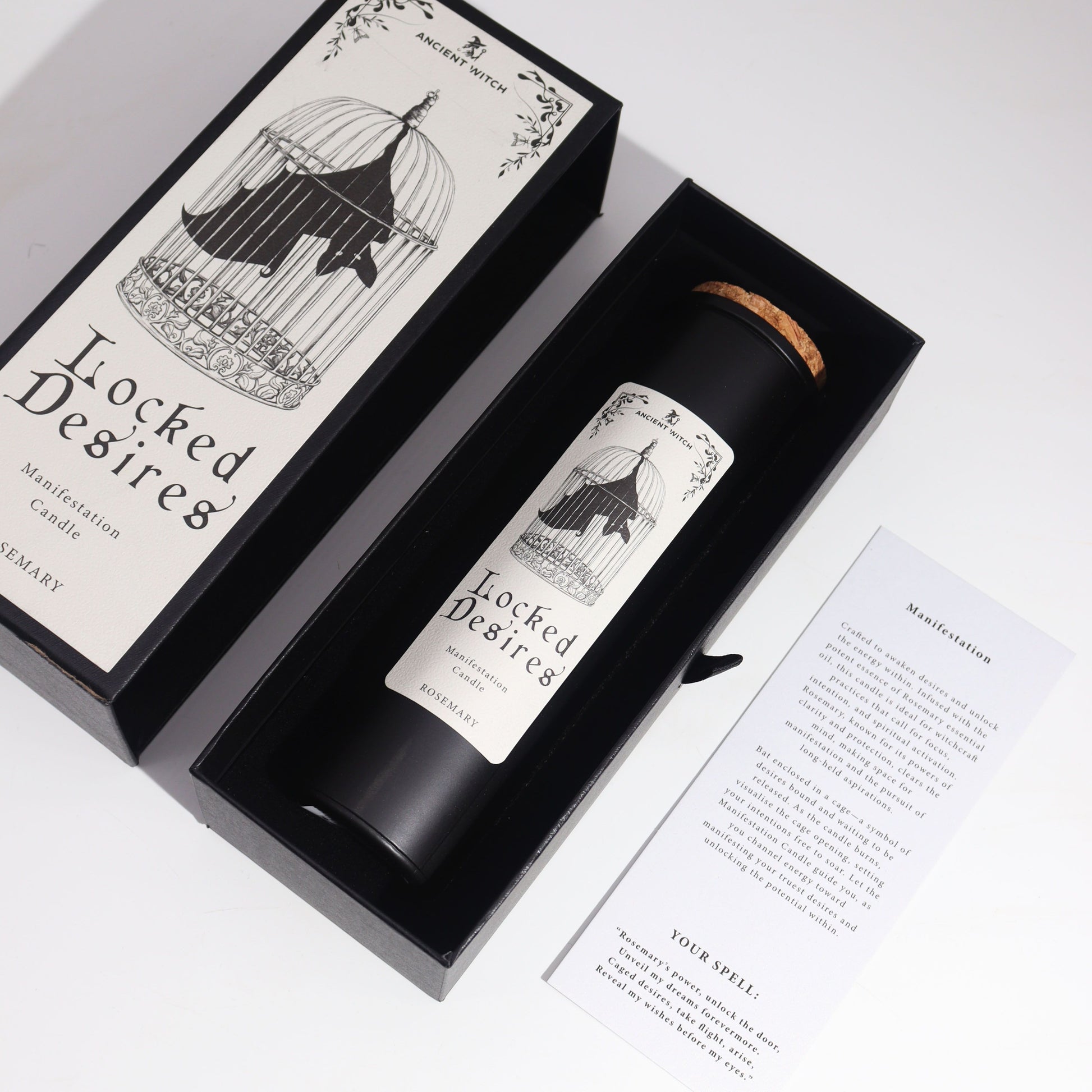 Black candle in a decorative box with 'Locked Desires' branding on a white background