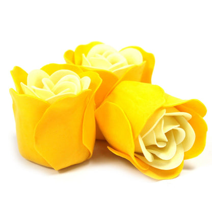 Set of 3 luxury yellow soap flowers, featuring realistic rose petals in soft pastel tones, beautifully arranged and ready for gifting or bath use