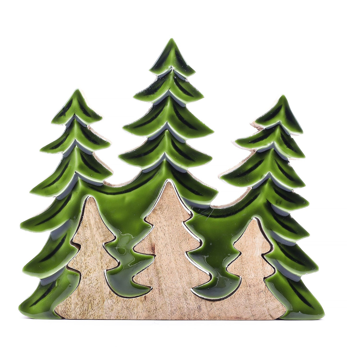 20×23cm 3D mango wood three pine trees decoration with deep green enamel branches on wooden base, styled on winter mantel with fairy lights and snow
