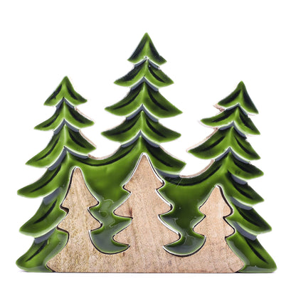 20×23cm 3D mango wood three pine trees decoration with deep green enamel branches on wooden base, styled on winter mantel with fairy lights and snow