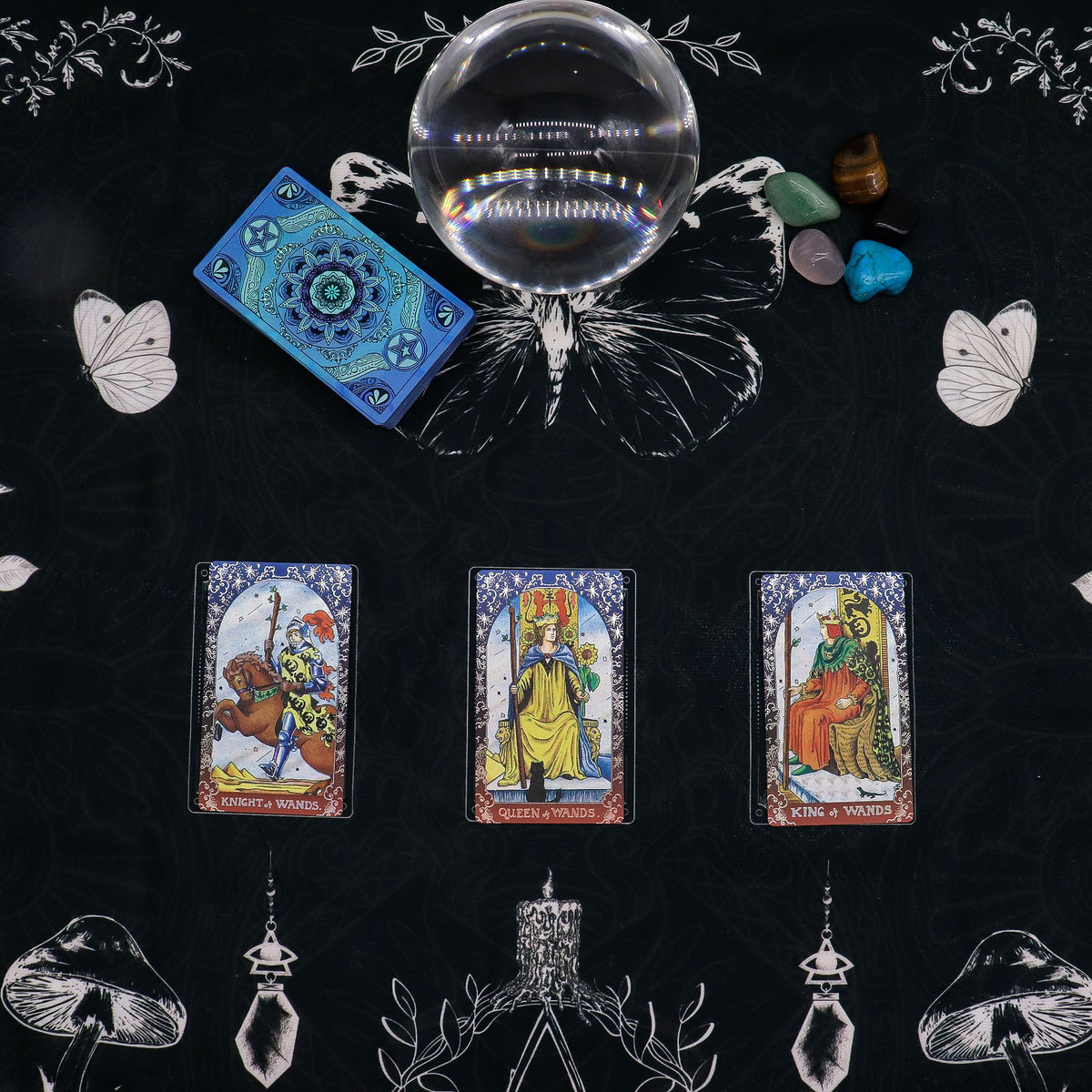Tarot cards, crystal ball, and decorative elements on a 75×75cm Ancient Witch tarot cloth with detailed mystical sigils & symbols