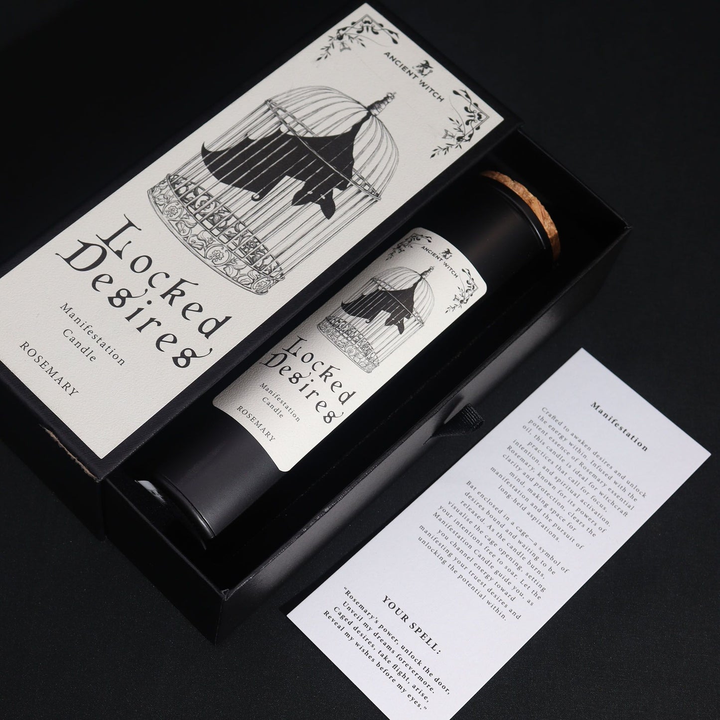 Candle set with 'Locked Desires' branding on a black background