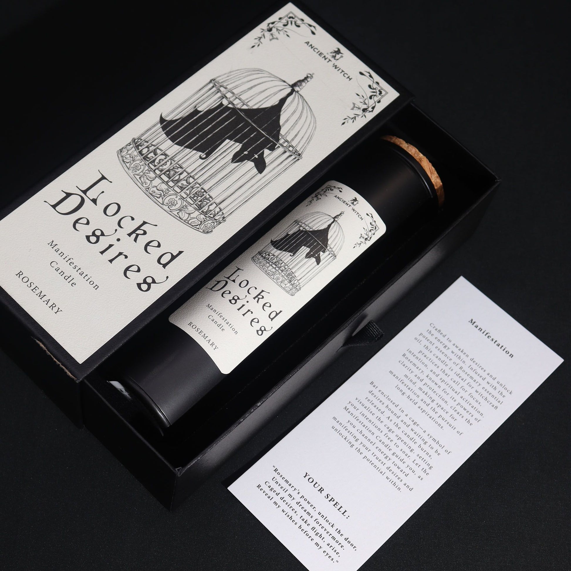 Candle set with 'Locked Desires' branding on a black background