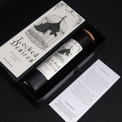 Candle set with 'Locked Desires' branding on a black background