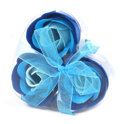 Set of 3 luxury blue soap flowers, featuring realistic rose petals in soft pastel tones, beautifully arranged and ready for gifting or bath use