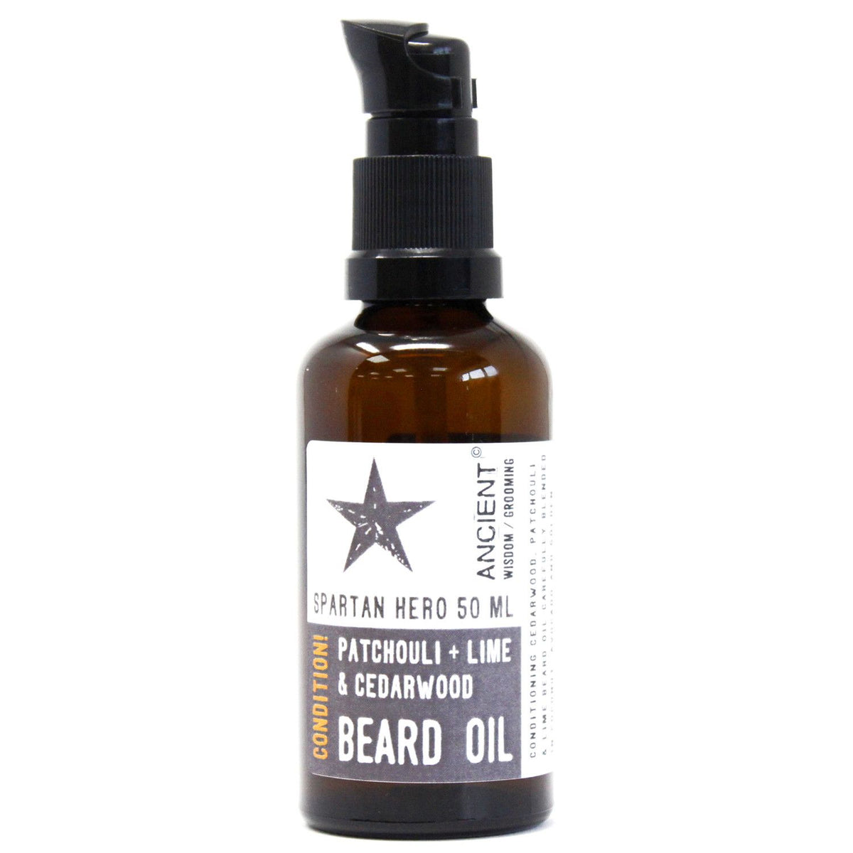 50ml amber glass bottle of Spartan Hero Beard Oil with elegant dropper