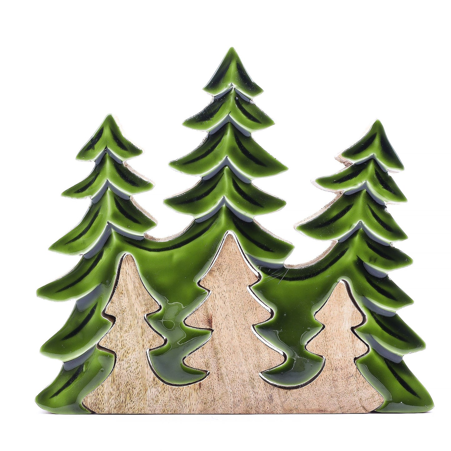 20×23cm 3D mango wood three pine trees decoration with deep green enamel branches on wooden base, styled on winter mantel with fairy lights and snow
