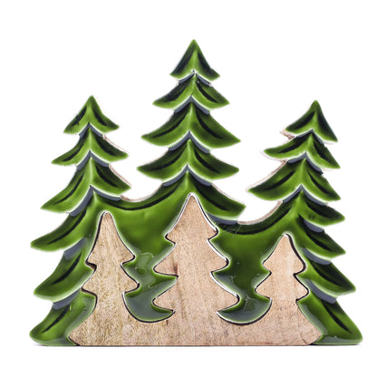 20×23cm 3D mango wood three pine trees decoration with deep green enamel branches on wooden base, styled on winter mantel with fairy lights and snow
