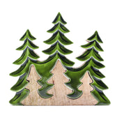 20×23cm 3D mango wood three pine trees decoration with deep green enamel branches on wooden base, styled on winter mantel with fairy lights and snow