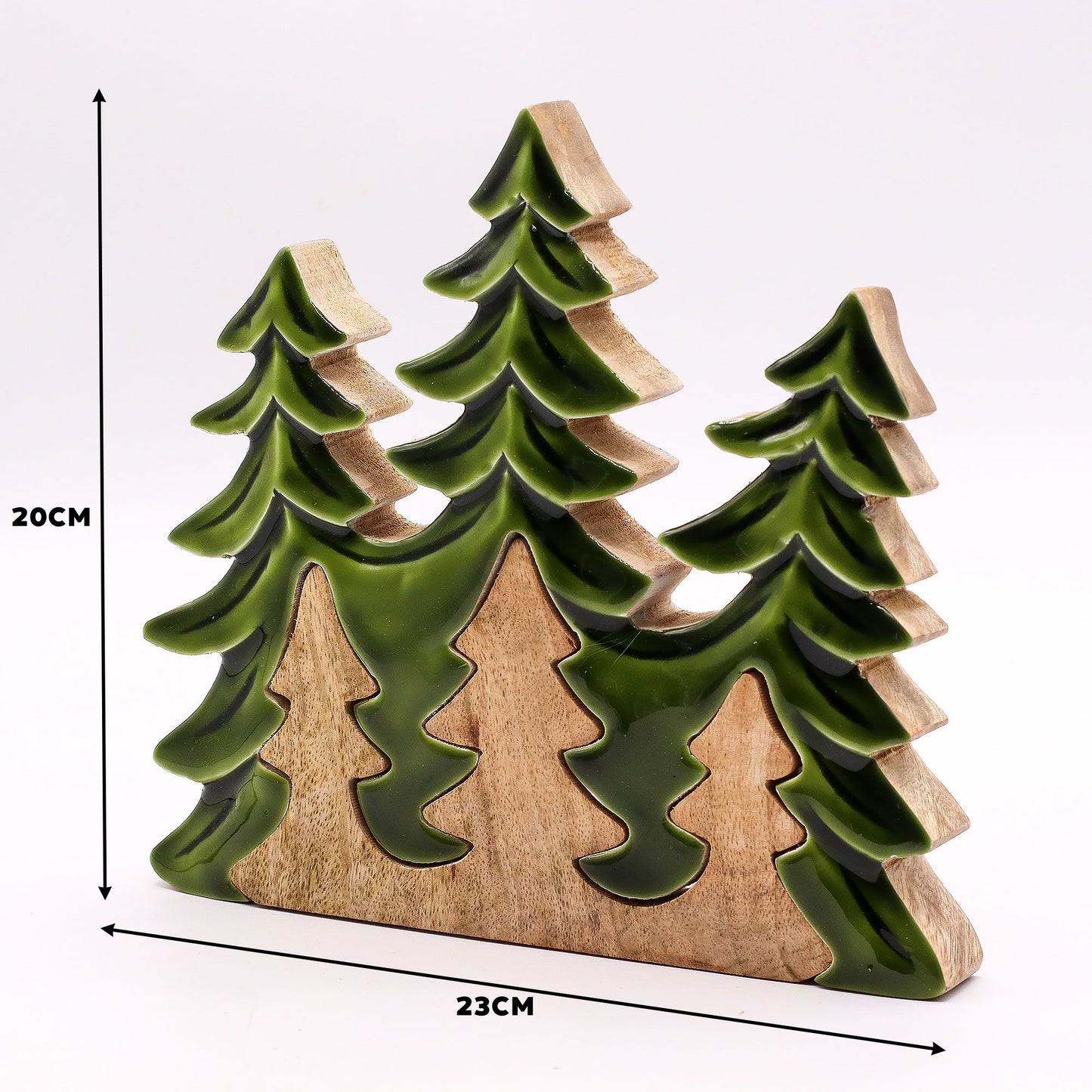 20×23cm 3D mango wood three pine trees decoration with deep green enamel branches on wooden base, styled on winter mantel with fairy lights and snow