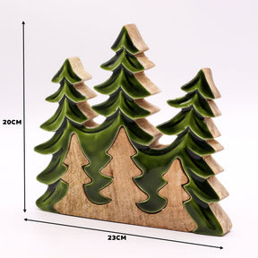 20×23cm 3D mango wood three pine trees decoration with deep green enamel branches on wooden base, styled on winter mantel with fairy lights and snow