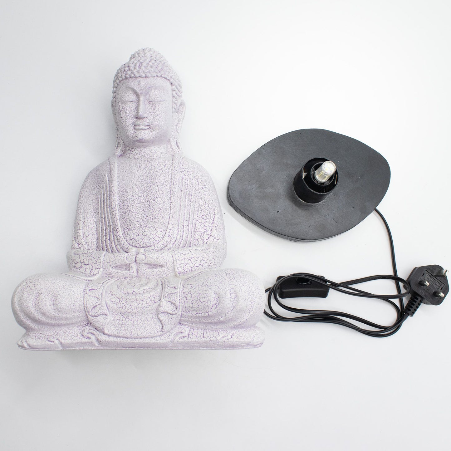 Meditation Buddha Lamp with crackle textured surface with a lamp base and power cord