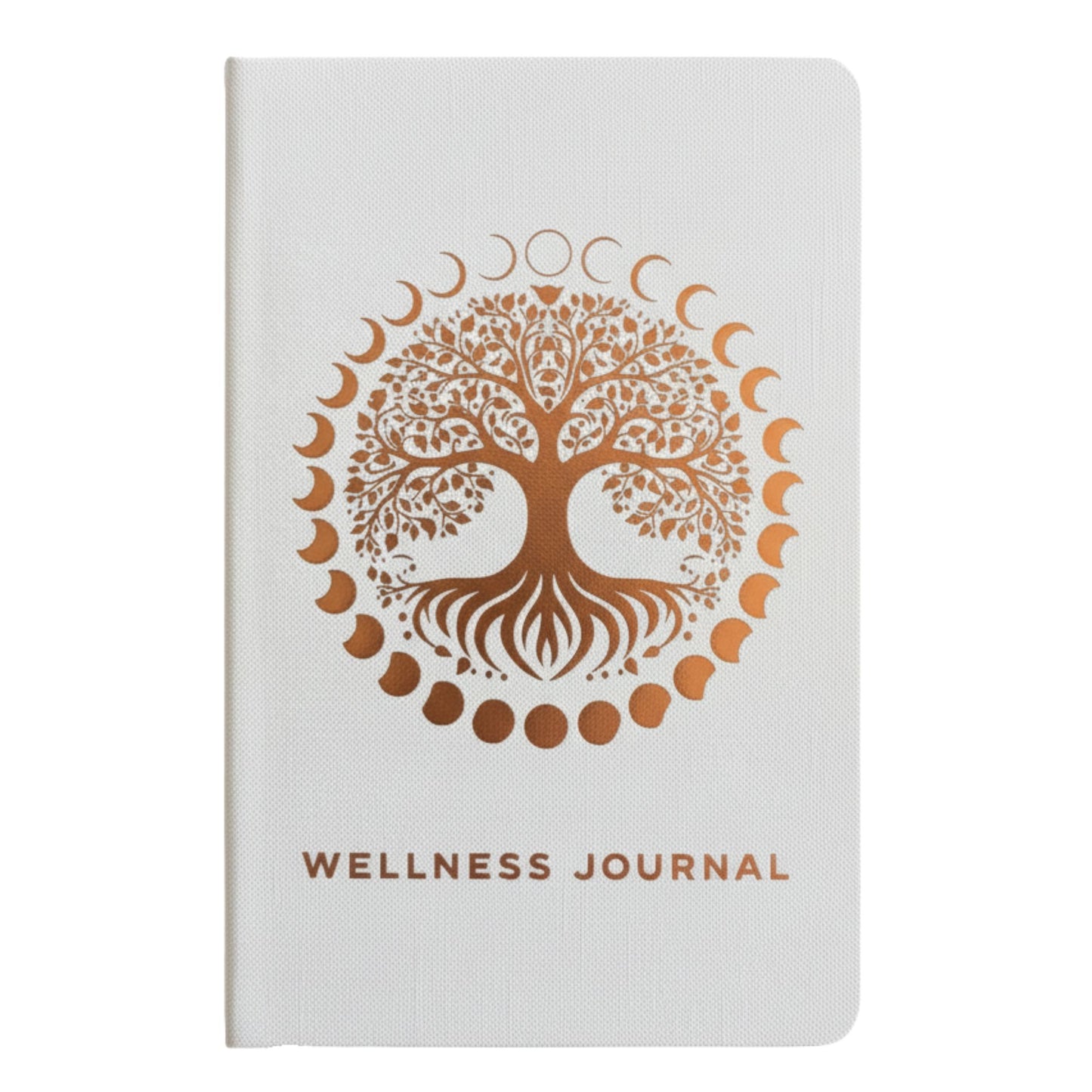 Elegant white wellness journal with rose gold foil Tree of Life, open to mood tracker and affirmation pages, styled with crystals, rose quartz and candle