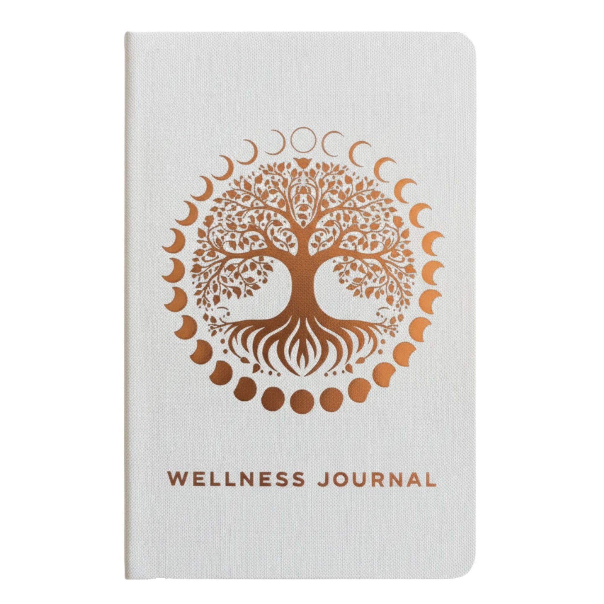 Elegant white wellness journal with rose gold foil Tree of Life, open to mood tracker and affirmation pages, styled with crystals, rose quartz and candle