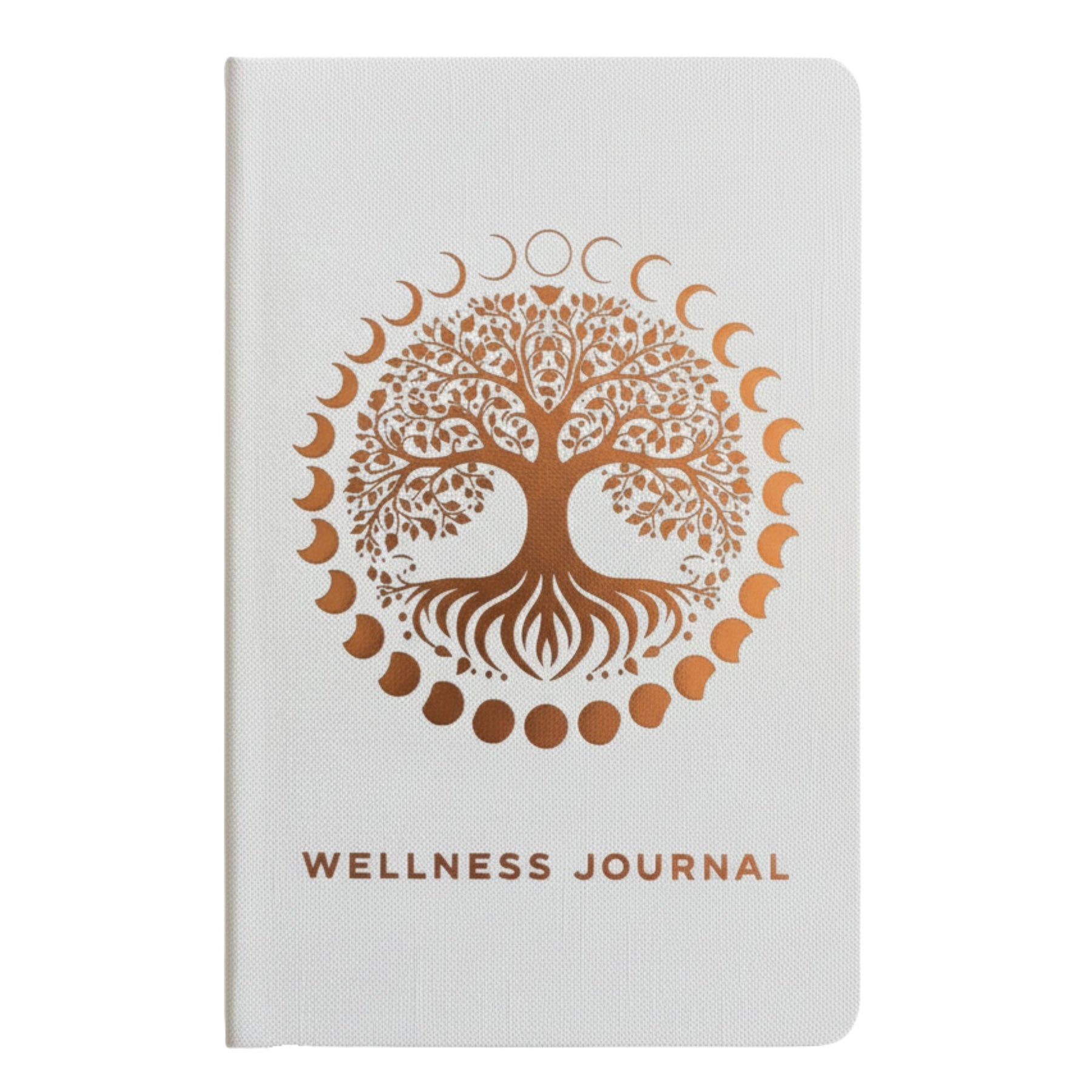 Elegant white wellness journal with rose gold foil Tree of Life, open to mood tracker and affirmation pages, styled with crystals, rose quartz and candle