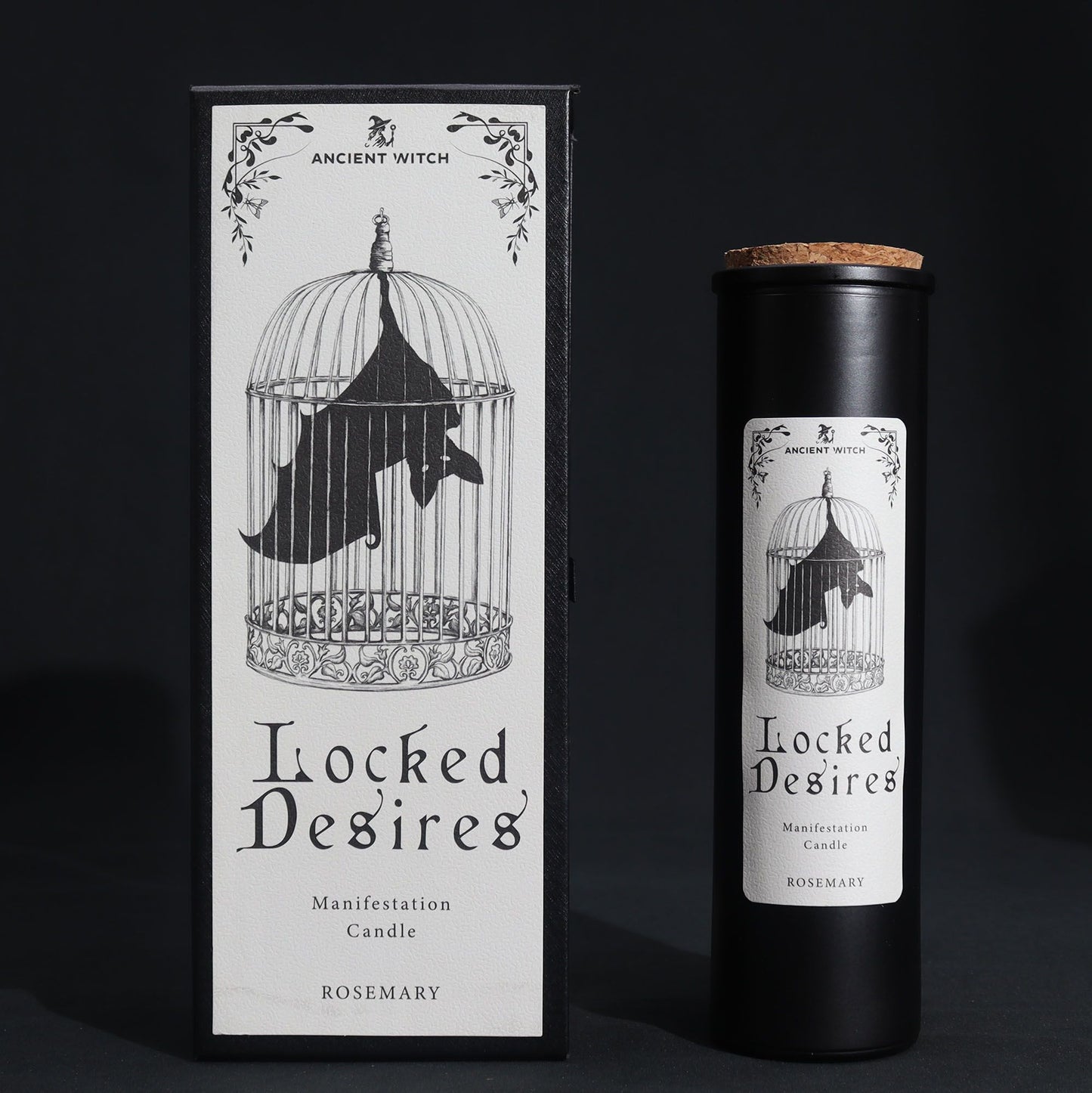 Candle titled 'Locked Desires' with packaging on a dark background