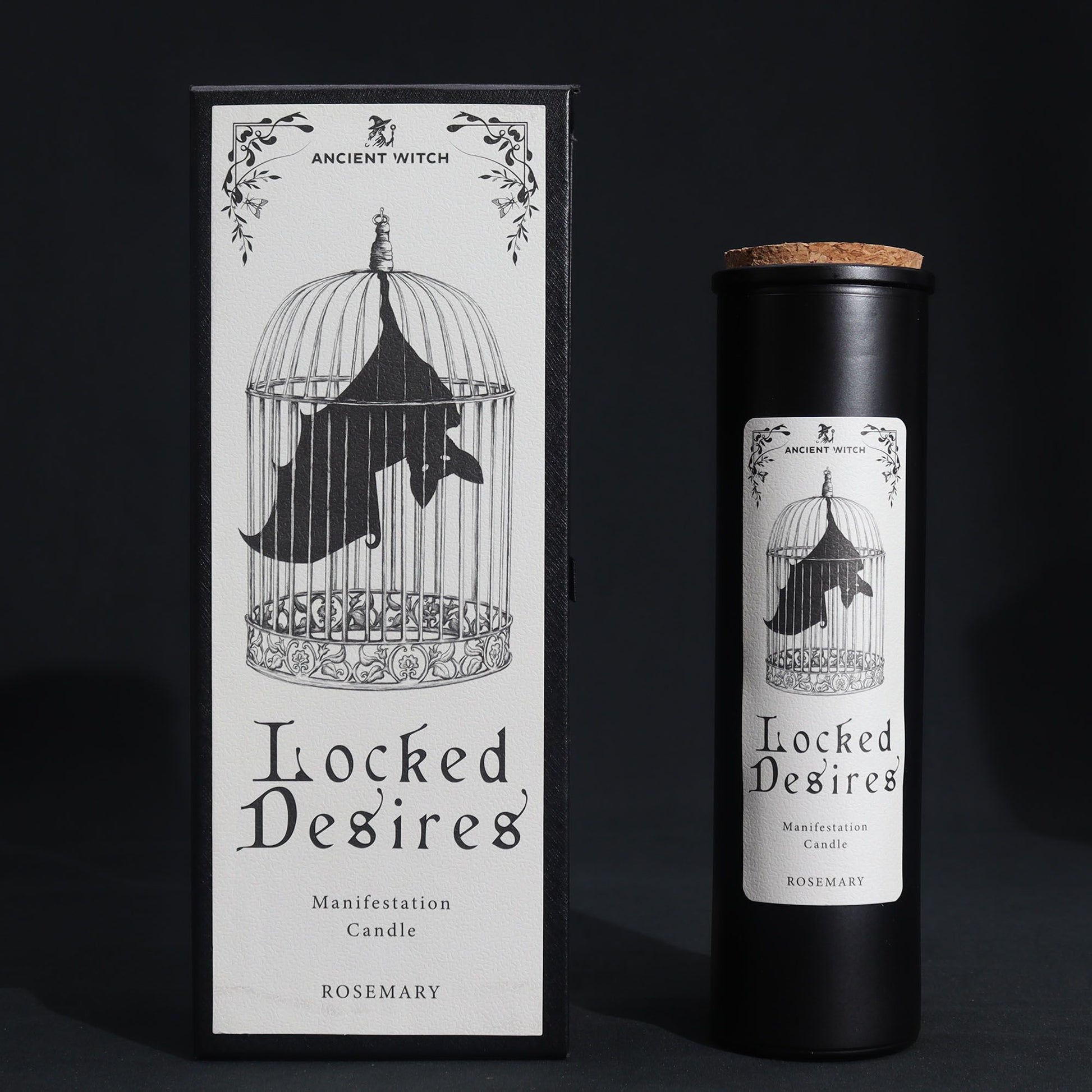 Candle titled 'Locked Desires' with packaging on a dark background