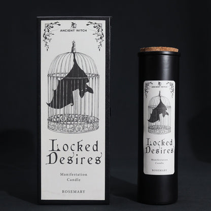 Candle titled 'Locked Desires' with packaging on a dark background