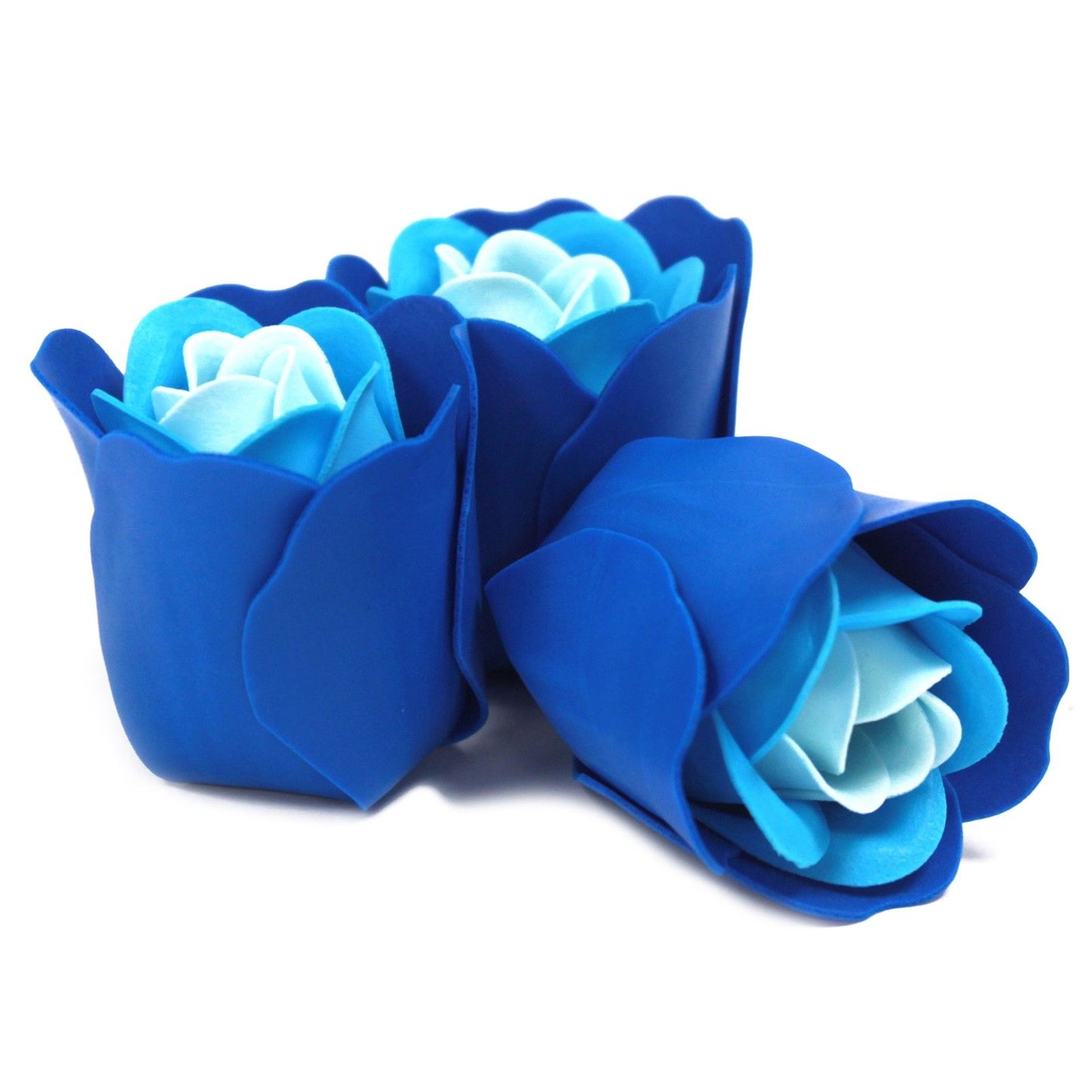 Set of 3 luxury blue soap flowers, featuring realistic rose petals in soft pastel tones, beautifully arranged and ready for gifting or bath use