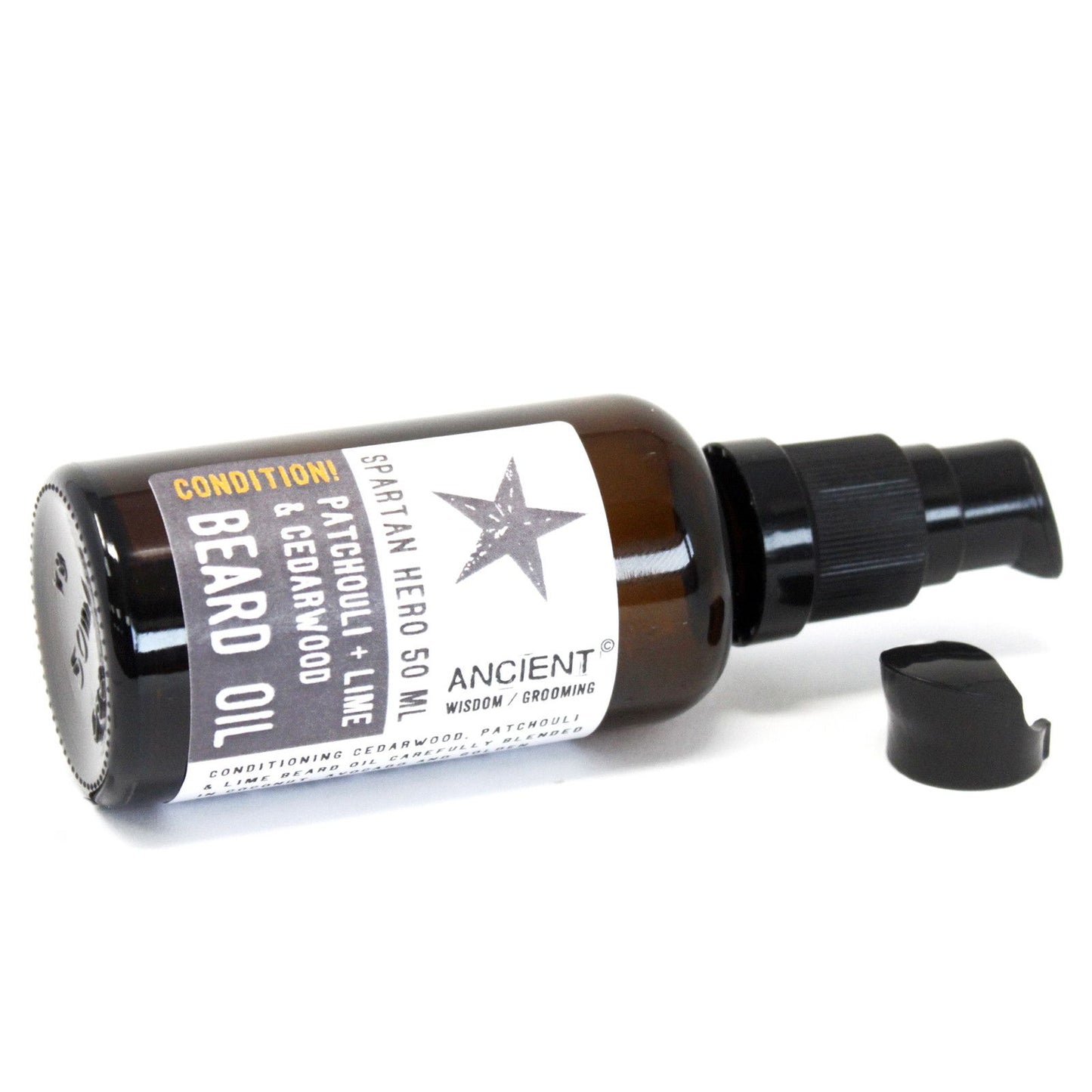 50ml amber glass bottle of Spartan Hero Beard Oil with elegant dropper