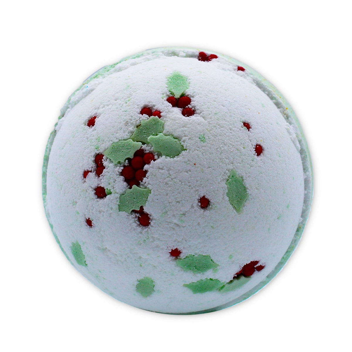 Large 180g Holly Berry & Mistletoe bath bomb with red berries, green holly leaves and festive biodegradable glitter on snowy background