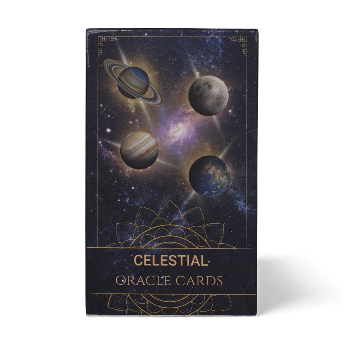 Celestial Energy Atlas Oracle Deck fanned out showing midnight blue cards with golden planets, stars & zodiac symbols, box with cosmic design