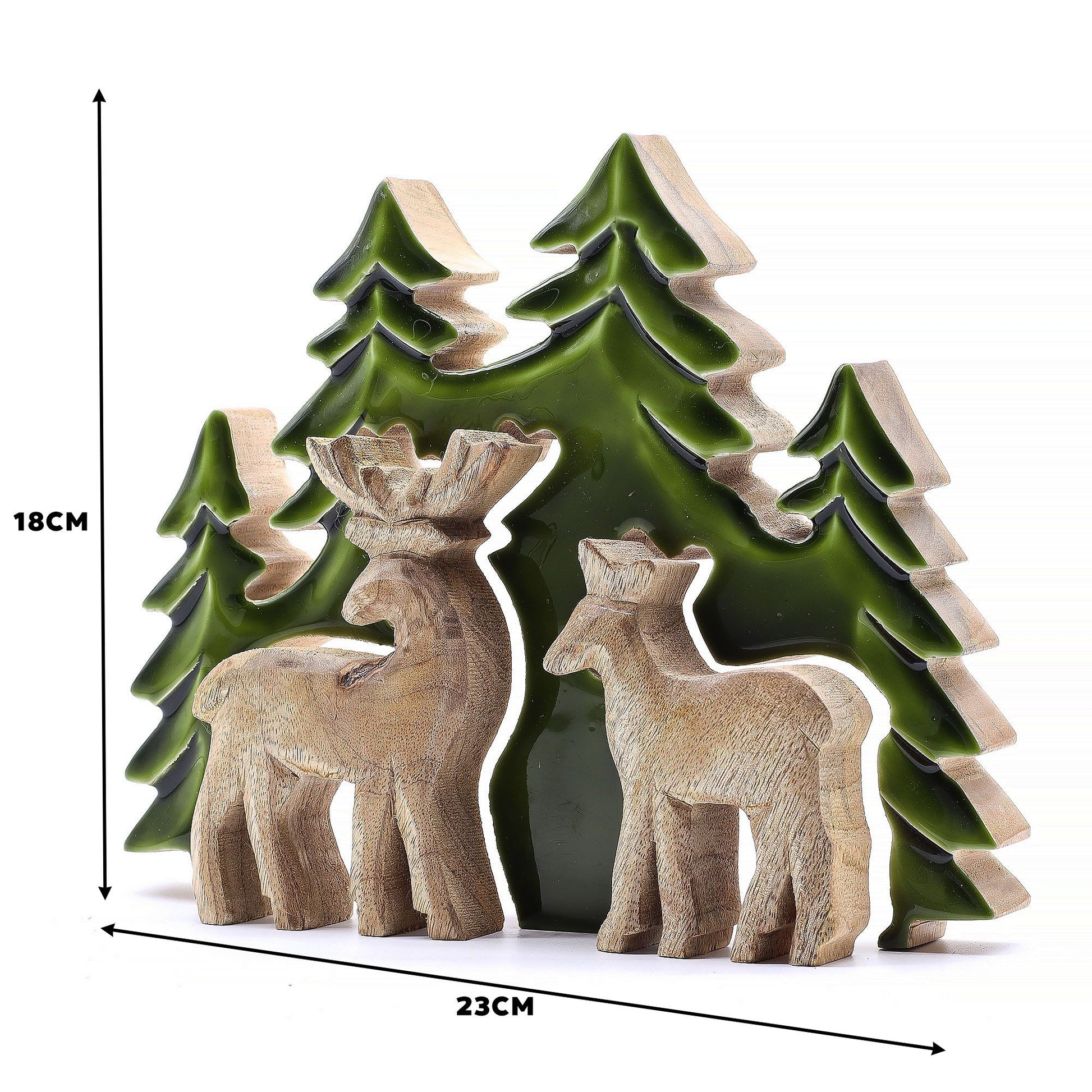 3D mango wood deer in forest decoration with two standing deer, green enamel trees and layered woodland scene on mantel with fairy lights and pine cones