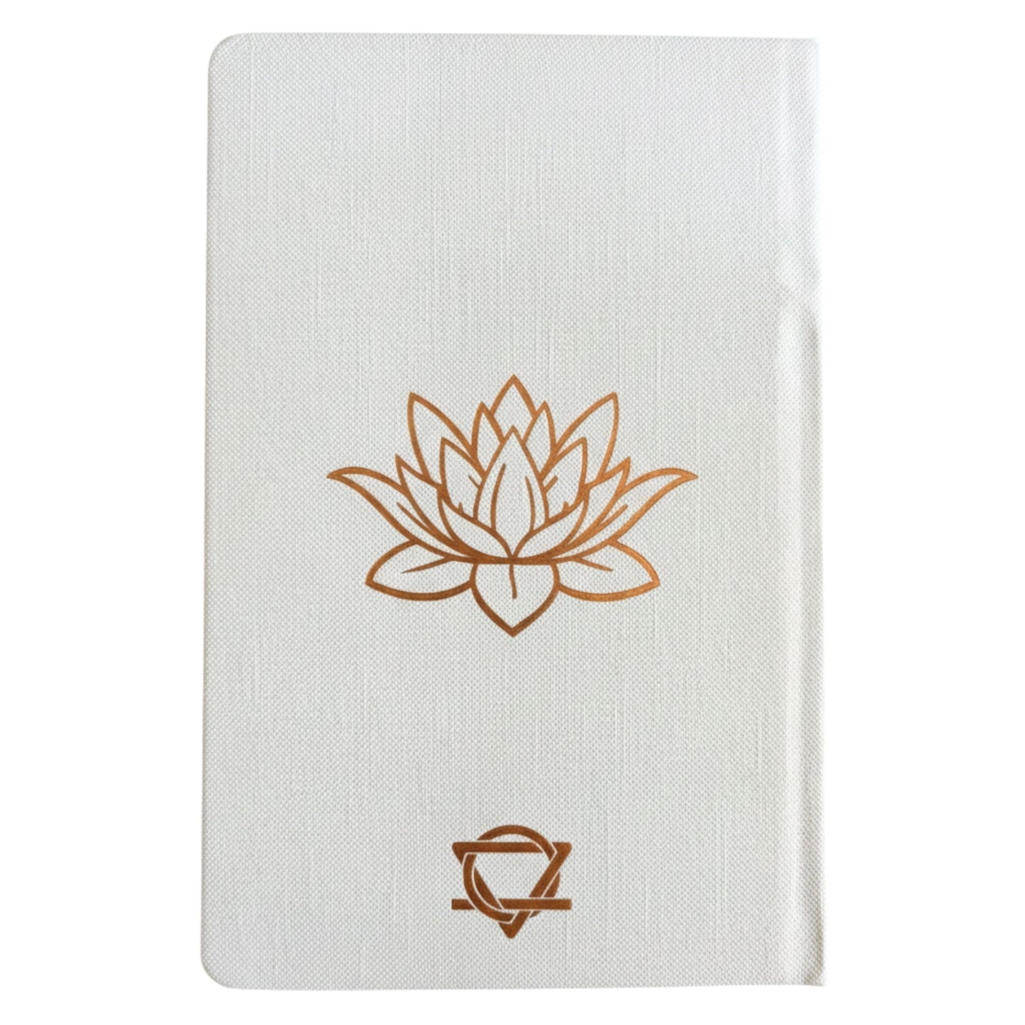 Elegant white wellness journal with rose gold foil Tree of Life, open to mood tracker and affirmation pages, styled with crystals, rose quartz and candle