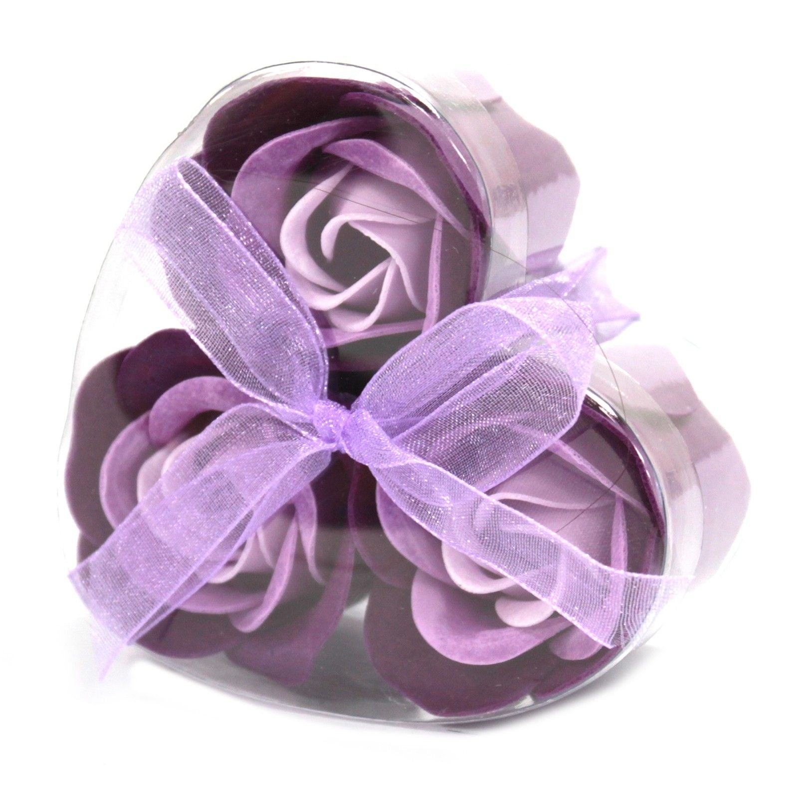 Set of 3 luxury purple soap flowers, featuring realistic rose petals in soft pastel tones, beautifully arranged and ready for gifting or bath use