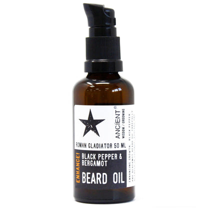 50ml amber glass bottle of Roman Gladiator Beard Oil with elegant dropper
