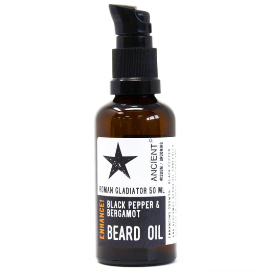 50ml amber glass bottle of Roman Gladiator Beard Oil with elegant dropper