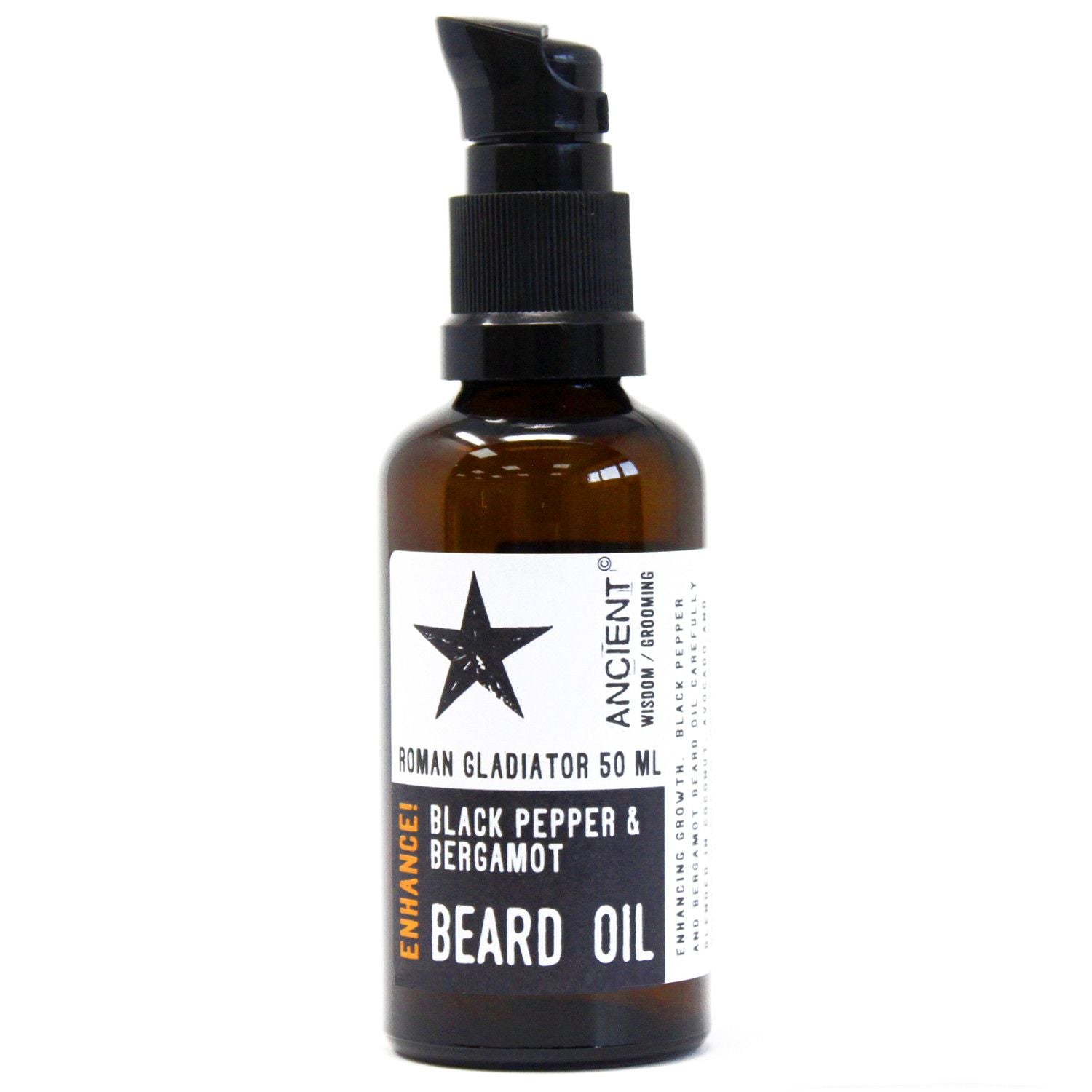 50ml amber glass bottle of Roman Gladiator Beard Oil with elegant dropper