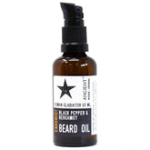 50ml amber glass bottle of Roman Gladiator Beard Oil with elegant dropper