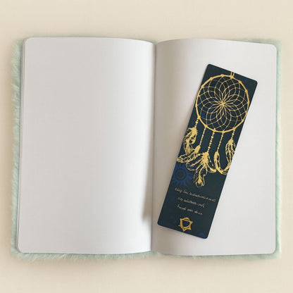 Pastel plush “Moonlight Messages” dream journal with silver moon embroidery open notebook with a dreamcatcher bookmark