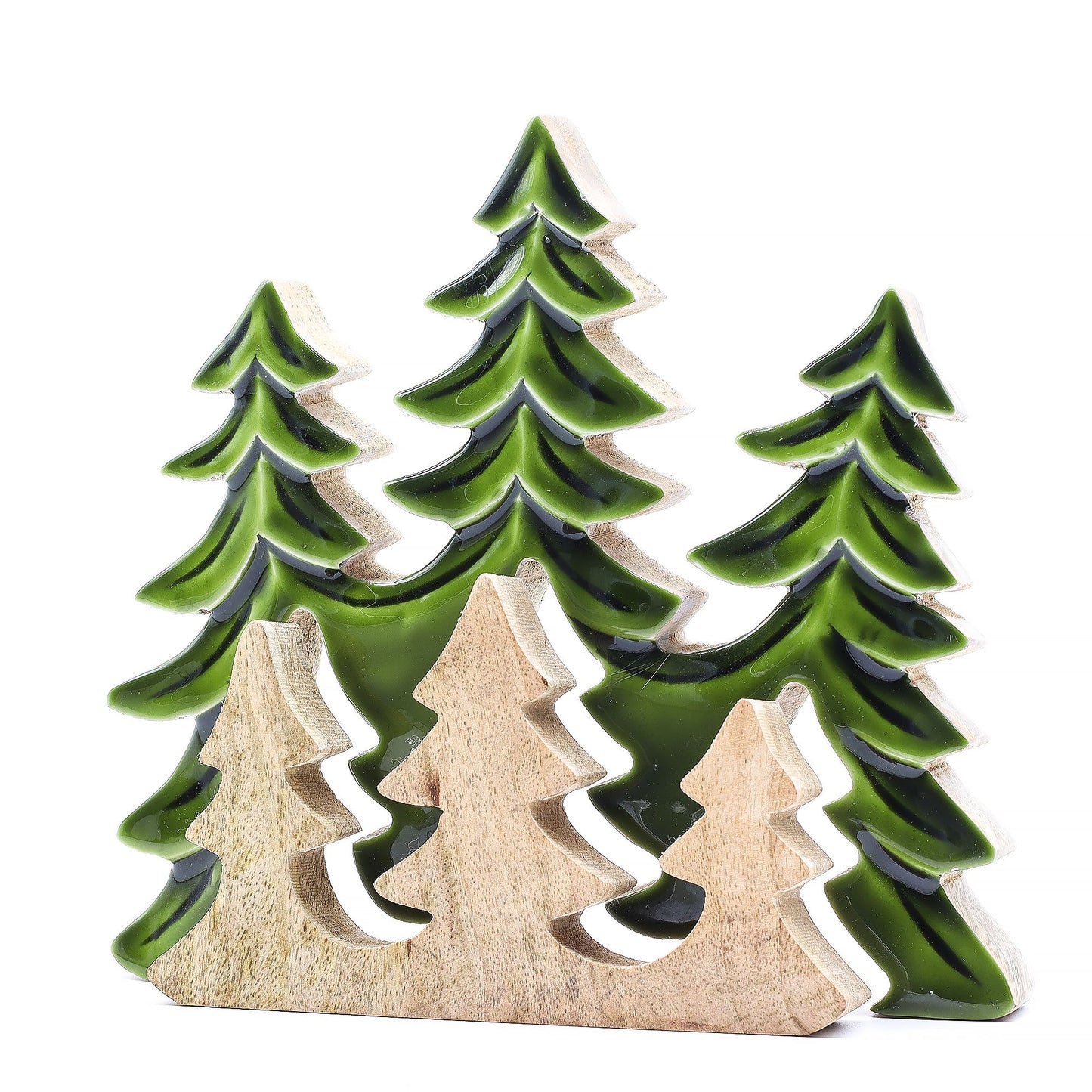 Set of ceramic Christmas tree ornaments on a white background