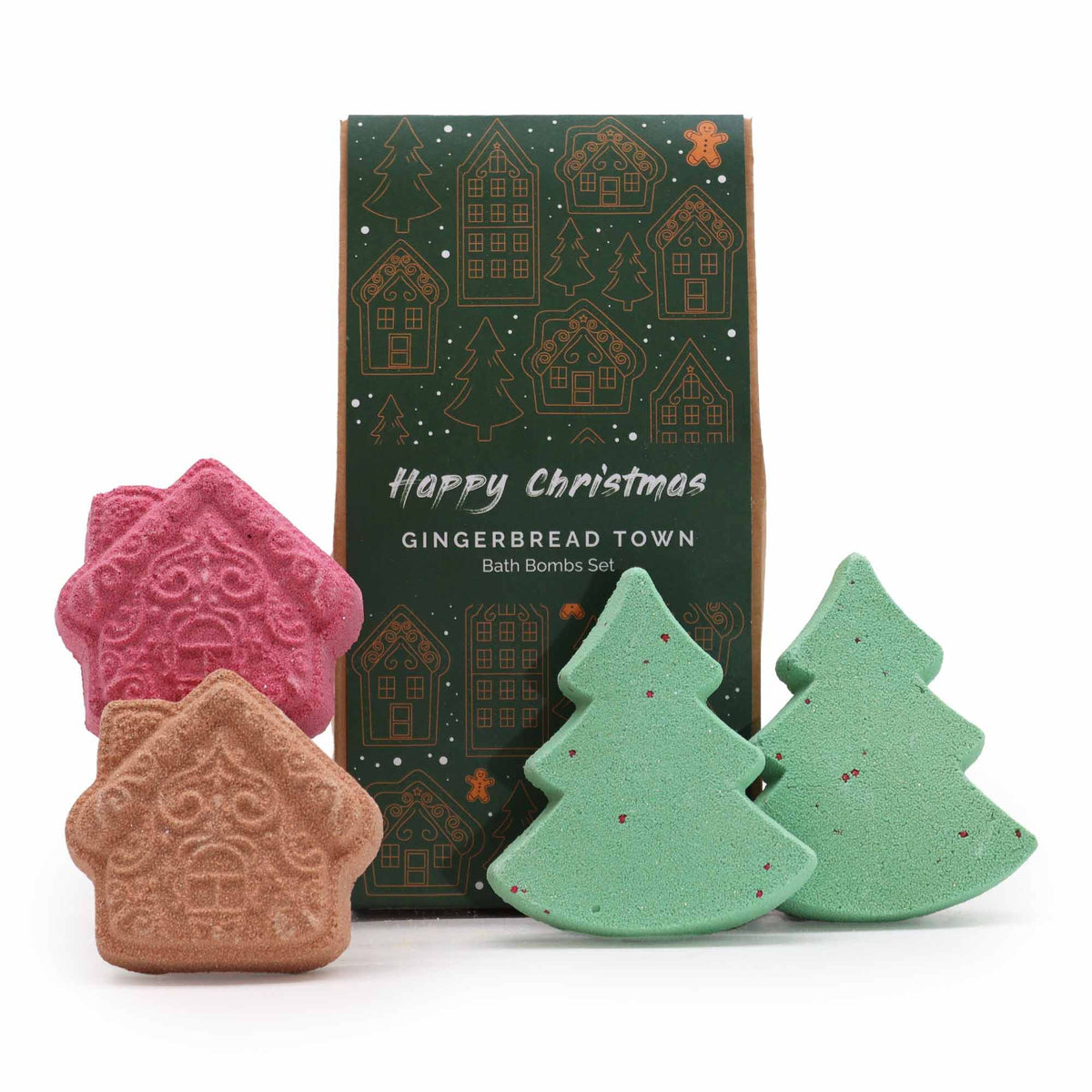 Gingerbread Town Christmas bath bomb gift pack with green tree and iced gingerbread house bath bombs in festive kraft box with red ribbon