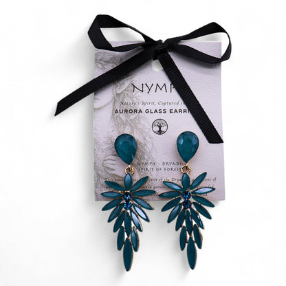 Teal earrings on a Nymph branded card with a black ribbon