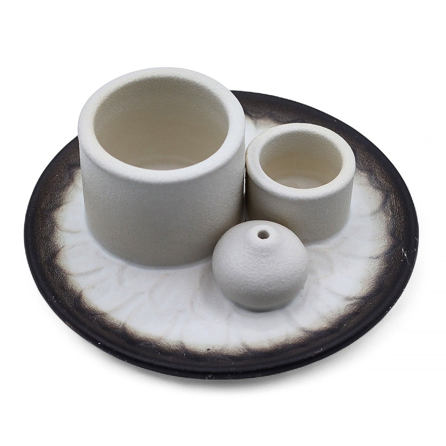 White & grey ceramic mandala smudge holder with Palo Santo, white sage bundle and incense stick