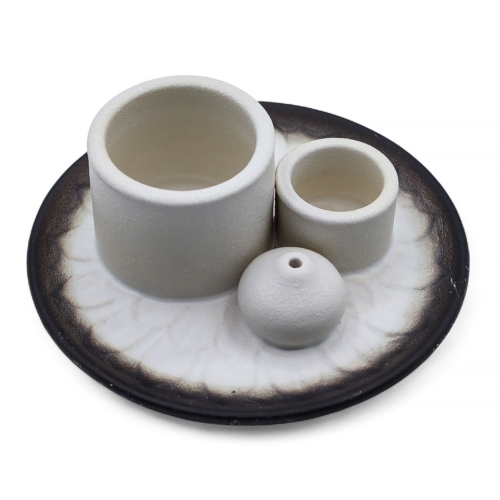 White & grey ceramic mandala smudge holder with Palo Santo, white sage bundle and incense stick