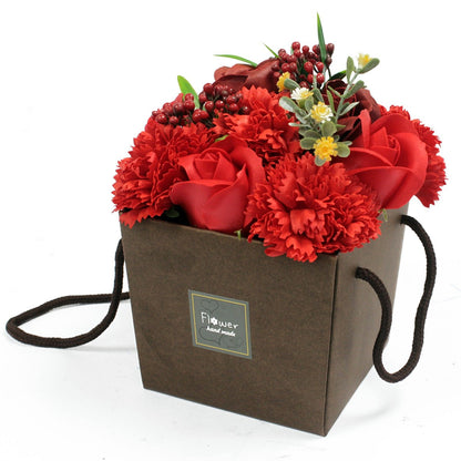 Luxury soap flower bouquet featuring realistic red roses carnations, artistically arranged in elegant gift packaging, presented as bath blooms