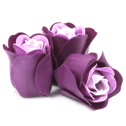 Set of 3 luxury purple soap flowers, featuring realistic rose petals in soft pastel tones, beautifully arranged and ready for gifting or bath use