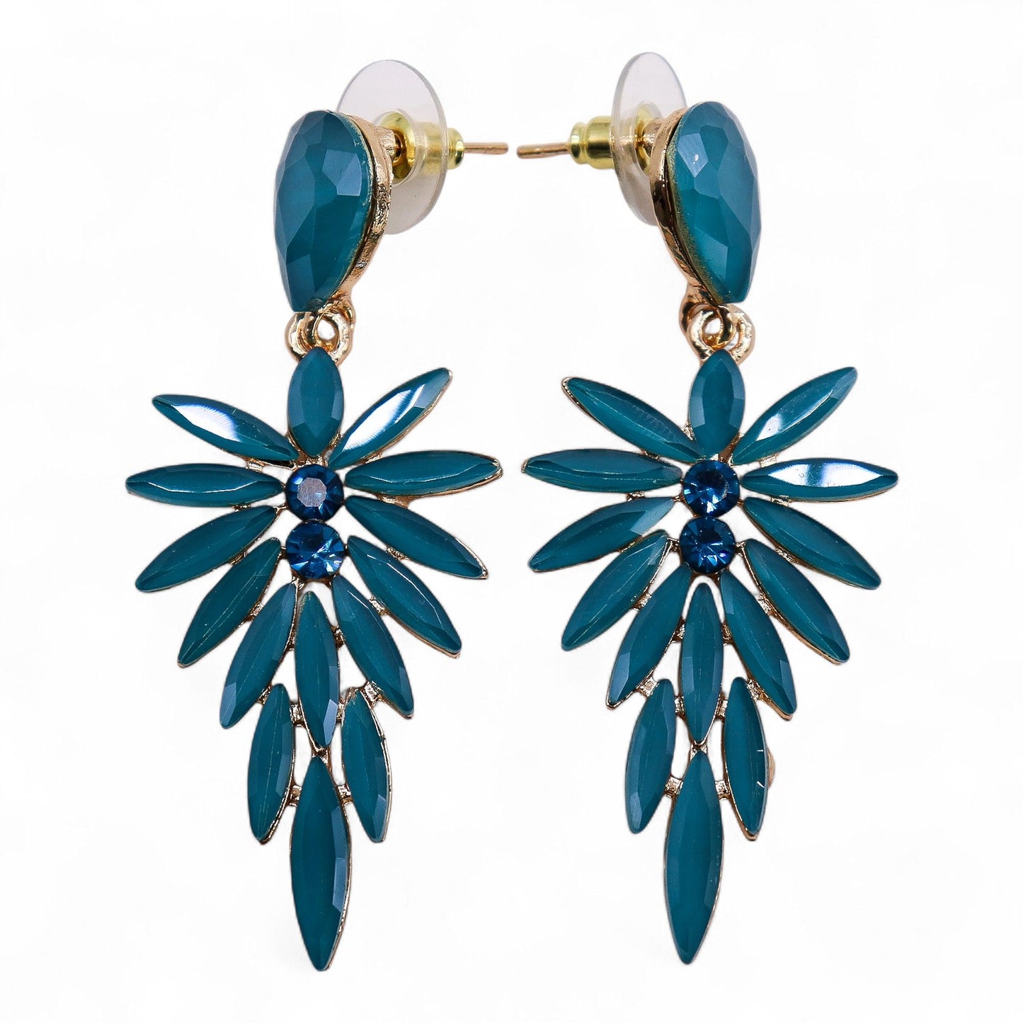 Teal green vintage glass long drop earrings swaying gently